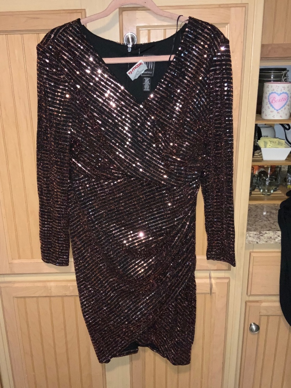 Womens Nightway Bronze Black Sequined V Neck Short Dress nwt size 12p